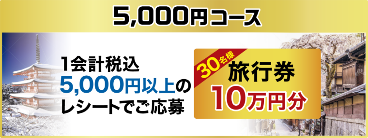 5,000円コース 1会計税込5,000円以上のレシートでご応募 30名様 旅行券10万円分