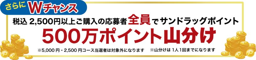 さらにWチャンス 税込2,500円以上ご購入の応募者全員でサンドラッグポイント500万ポイント山分け ※5,000円・2,500円コース当選者は対象外になります ※山分けは１人1回までになります