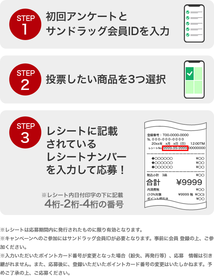 STEP1 初回アンケートとサンドラッグ会員IDを入力 STEP2 投票したい商品を3つ選択 STEP3 レシートに記載されているレシートナンバーを入力して応募！ ※レシートは応募期間内に発行されたものに限り有効となります。※キャンペーンへのご参加にはサンドラッグ会員IDが必要となります。事前に会員 登録の上、ご参加ください。※入力いただいたポイントカード番号が変更となった場合（紛失、再発行等）、応募情報は引き継がれません。また、応募後に、登録いただいたポイントカード番号の変更はいたしかねます。予めご了承の上、ご応募ください。