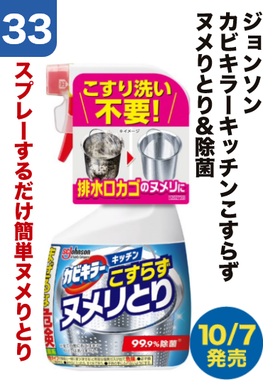 33 ジョンソン カビキラーキッチンこすらず ヌメリとり＆除菌 スプレーするだけ簡単ヌメリとり 10/7発売