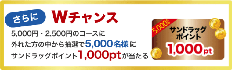 さらに、Wチャンス 5,000円・2,500円のコースに外れた方の中から抽選で5,000名様にサンドラッグポイント1,000ptが当たる