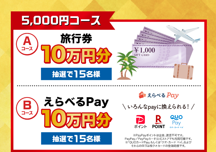 5,000円コース Aコース旅行券10万円分 抽選で15名様 Bコース えらべるPay 10万円分 抽選で15名様